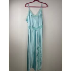 Y2K Aqua Satin Lace Slip Dress Maxi Lingerie Nightgown 90s Seafoam